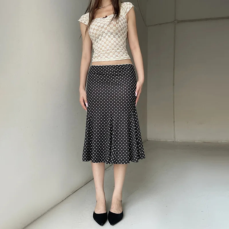 Black Polka Dot Print Midi Skirt With Low Waist Lightweight Knit