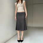 Black Polka Dot Print Midi Skirt With Low Waist Lightweight Knit