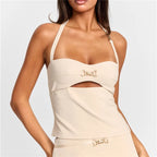 Women’s Solid Halter Neck Tank Tops Y2K Retro Cut Out Front Metal Decor Sleeveless