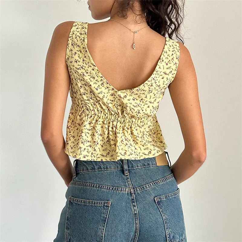 Y2K Floral Print Tie Front Tank Top for Women V Neck Sleeveless