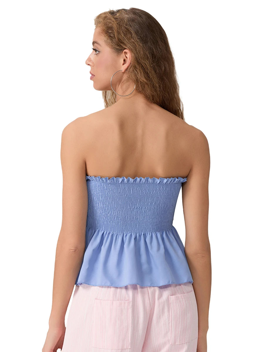 Women Floral Bow Crop Top With Ruffles And Backless Strapless Tank
