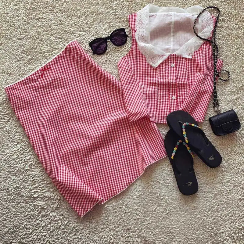 Vintage Button Up With Lace Trim Red Gingham Sleeveless Blouse Set