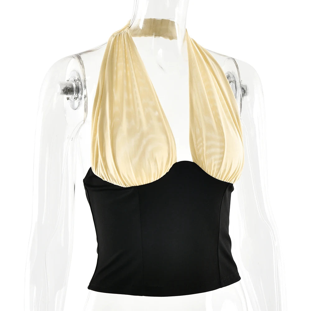 Halter Backless Patchwork Crop Top Sleeveless Cinched Waist
