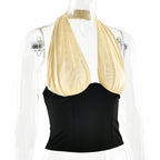 Halter Backless Patchwork Crop Top Sleeveless Cinched Waist
