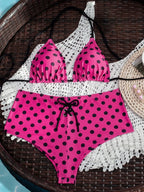 Hot Pink Polka Dot Bikini Set With Halter Top Push Up Detail High Waist Bottom Swimwear