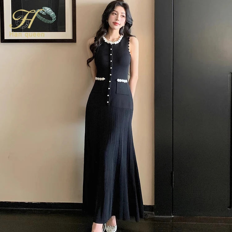 Floral Pearl Knit Maxi Dress Sleeveless O-Neck With Pleated Details