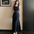Floral Pearl Knit Maxi Dress Sleeveless O-Neck With Pleated Details