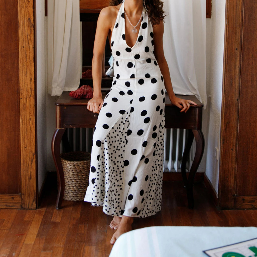 Halterneck Backless Patchwork Maxi Dress In Dots And Floral Print