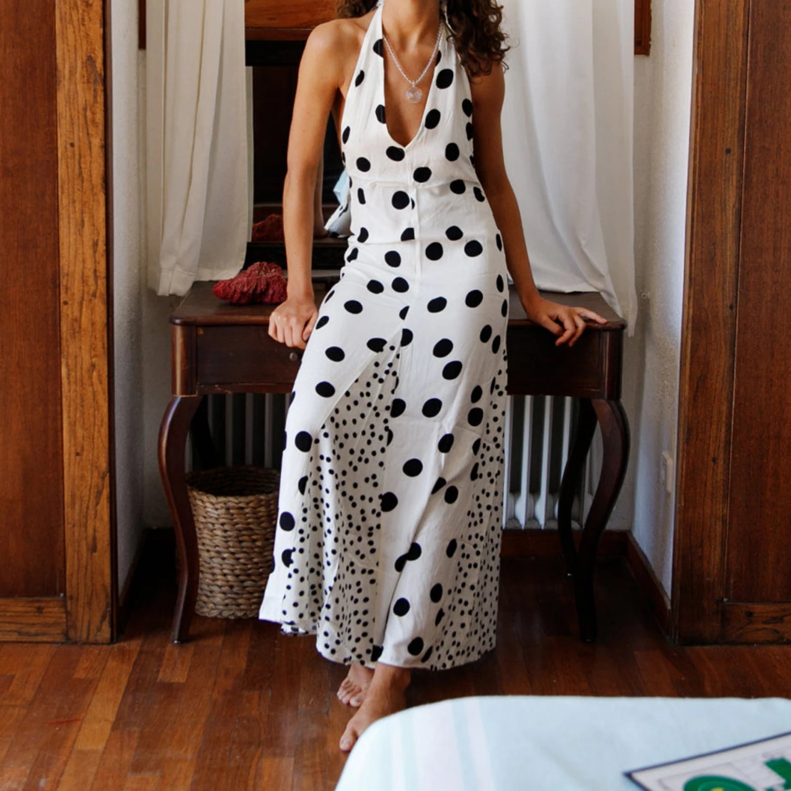 Halterneck Backless Patchwork Maxi Dress In Dots And Floral Print