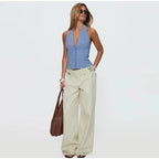 Street Style Mid Rise Wide Leg Denim Pants With Deep Pockets