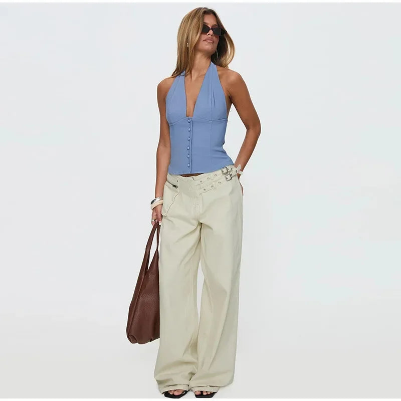 Street Style Mid Rise Wide Leg Denim Pants With Deep Pockets