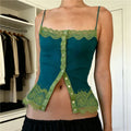 Lace Trim Spaghetti Strap Camisole With Front Button V Neck