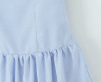 Stripes Tie Bow Halter Sling Satin Dress Women Low Waist Ball Gown Pleated
