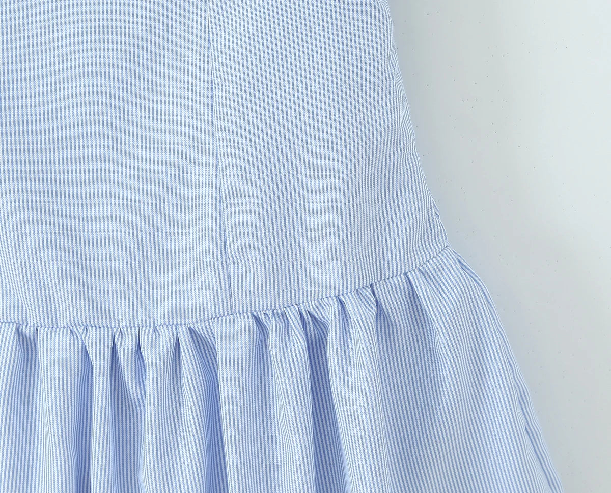 Stripes Tie Bow Halter Sling Satin Dress Women Low Waist Ball Gown Pleated