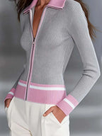 Vintage Inspired Contrast Lapel Wool Cardigan With Slim Fit Zipper Front