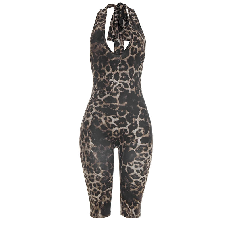 Leopard Print Halter Playsuit With Backless Design Bold Street Style Romper