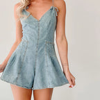 Breezy Solid Spaghetti Strap Jumpsuit With V Neck Sleeveless Wide Leg Denim Shorts Playsuit