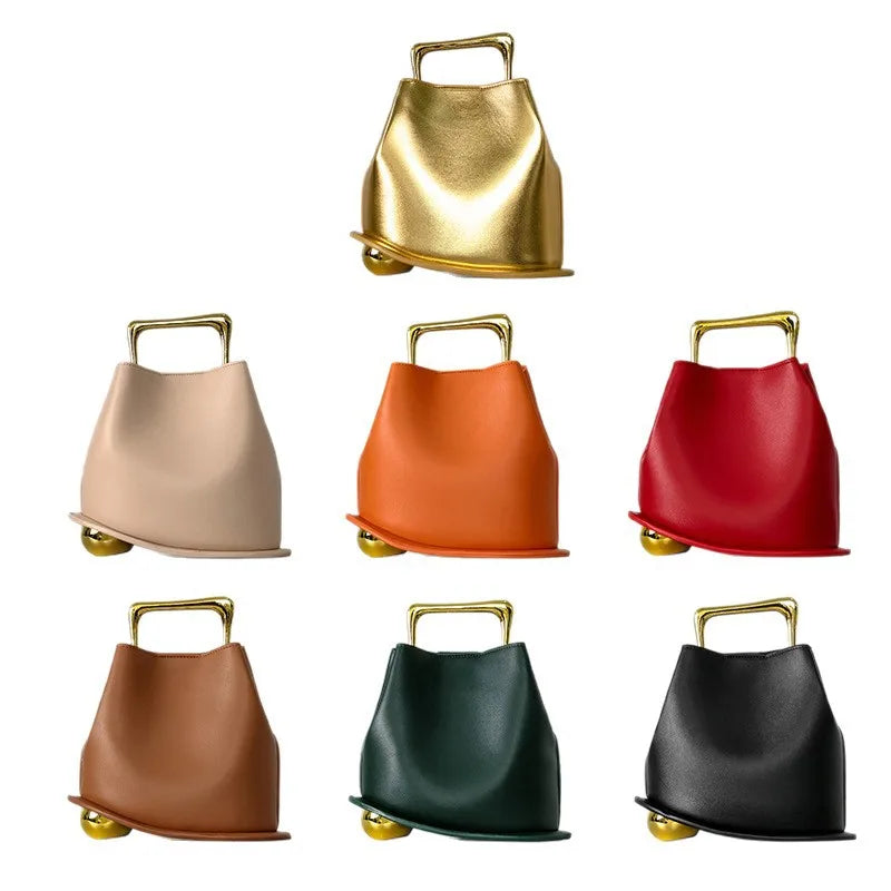 Gold Metallic Irregular Bucket Bag With Ball Base Leather Tote