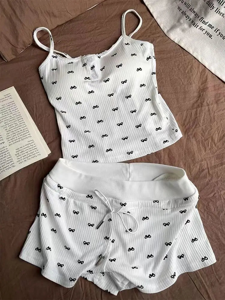 Bow Pajamas Set For Women Two Piece Summer Sleepwear With Tank Top And Shorts Lounge Ensemble