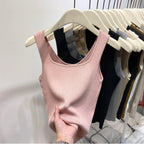 Knitted Strap Top With Clavicle Square Collar
