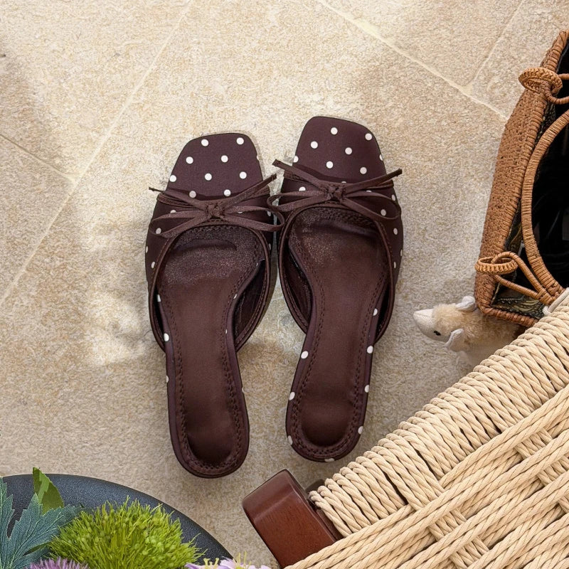 Elegant Polka Dot Satin Slippers With Square Toe And Butterfly Knot