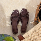 Elegant Polka Dot Satin Slippers With Square Toe And Butterfly Knot