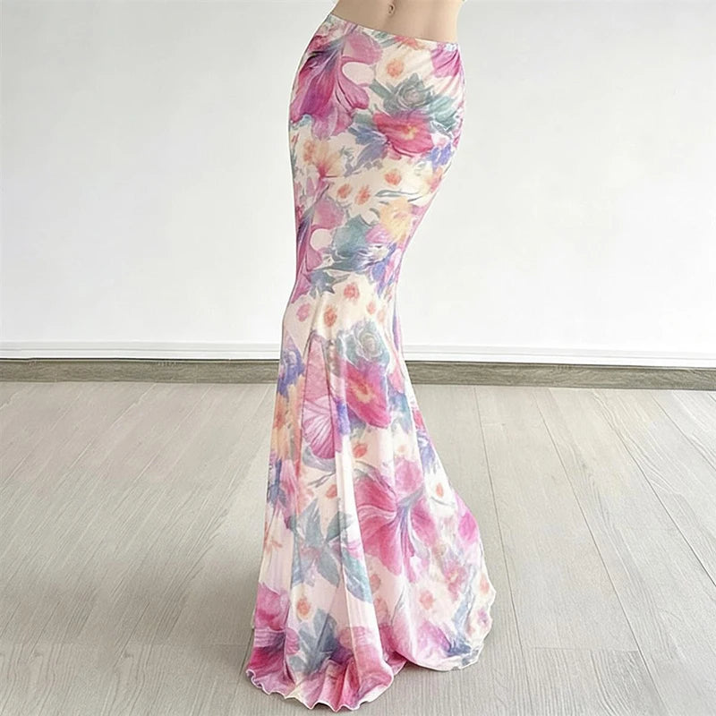 Bohemian Mesh Floral Maxi Skirt For Women Elegant High Waist