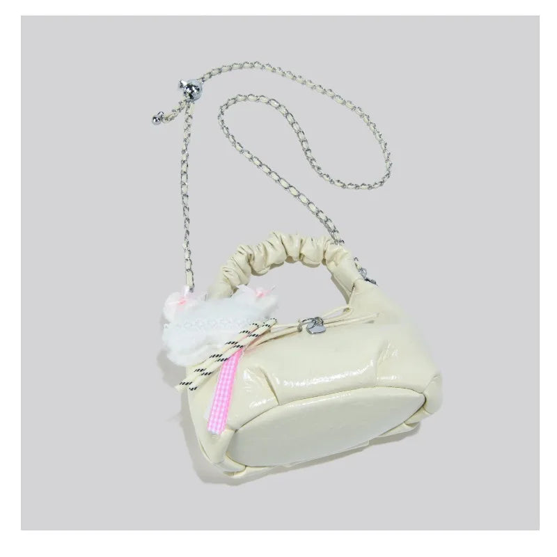 Cloudy Glamour Plush Pendant Shoulder Bag in Glossy Ruched Leather