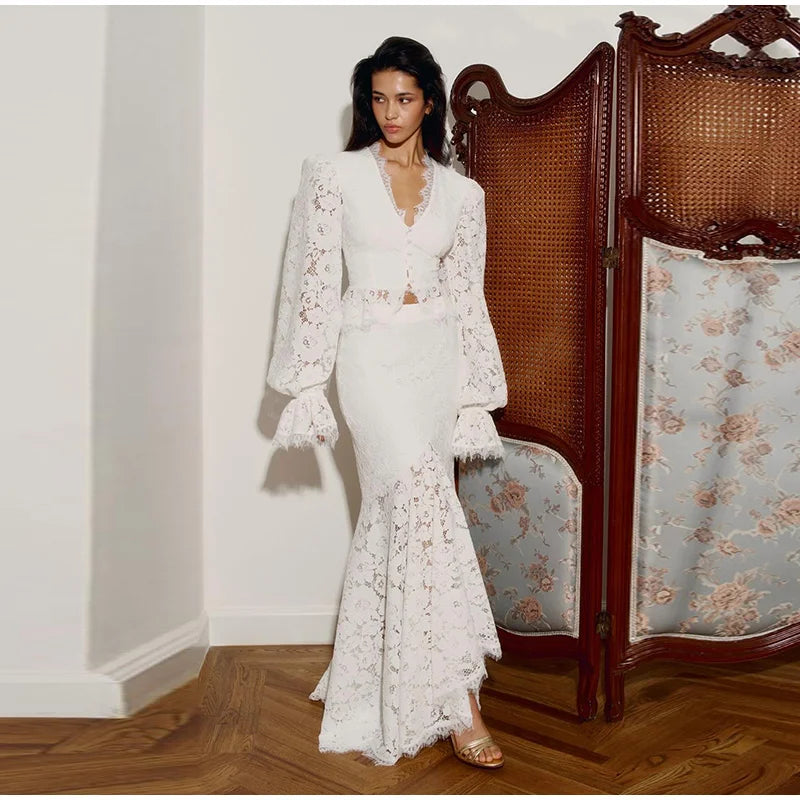 Delicate Lace V-Neck Peplum Top With Flare Sleeves And High Waist Mermaid Hem Elegant Evening Set