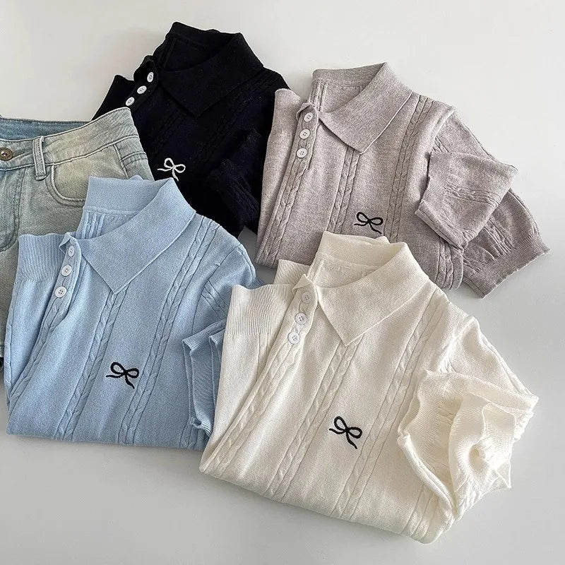 Sweet Bow Embroidered Knitted Polo Shirt For Women Short Sleeve