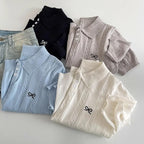 Sweet Bow Embroidered Knitted Polo Shirt For Women Short Sleeve