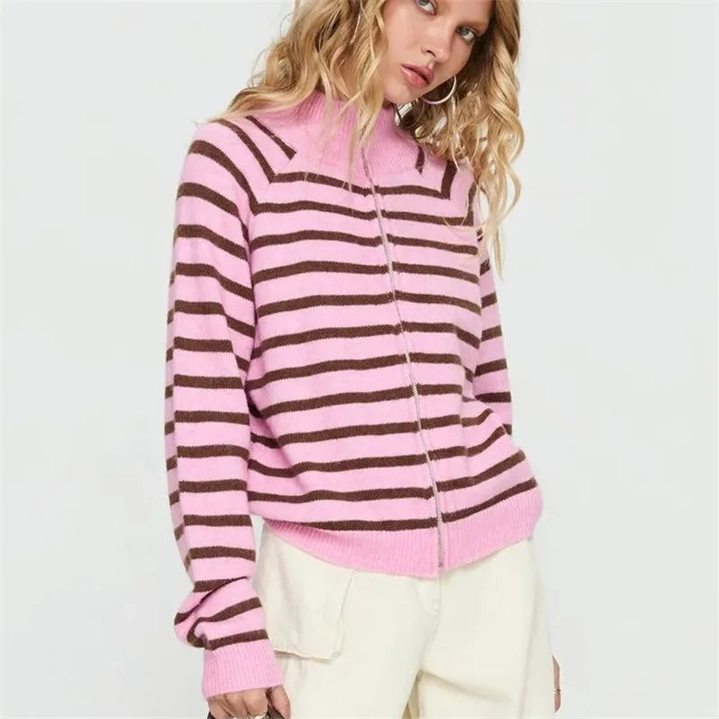 Cozy Striped Zip Up Cardigan With High Neck Knit