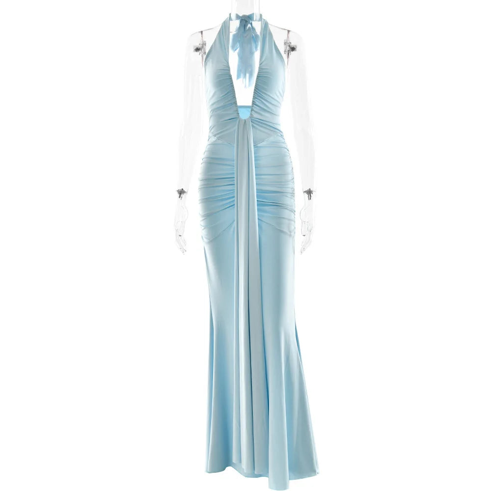 Deep V-Neck Backless Ruched Maxi Dress Halter Gown