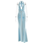 Deep V-Neck Backless Ruched Maxi Dress Halter Gown