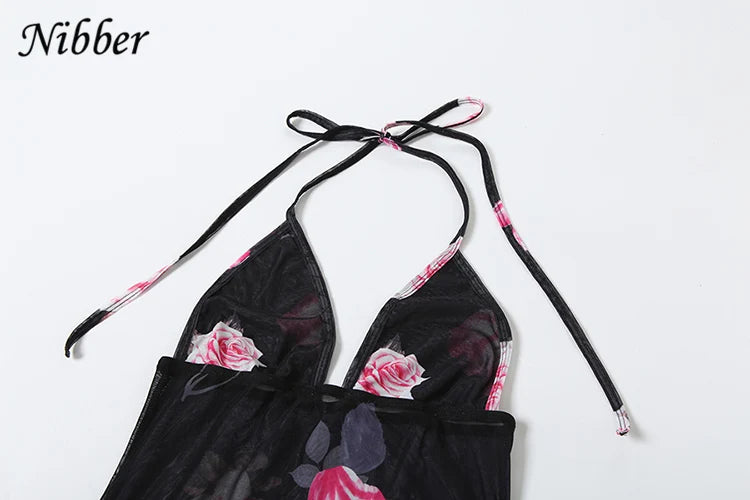 Floral Rose Print Backless Halter Maxi Dress