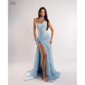 Light Blue Strapless Evening Gown With Lace Sequin Embellishments And High Slit Detail