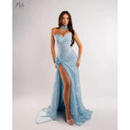 Light Blue Strapless Evening Gown With Lace Sequin Embellishments And High Slit Detail