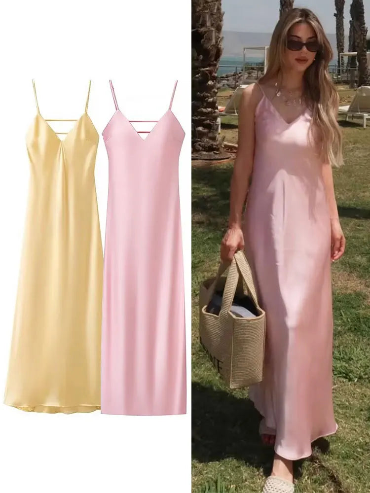 Sling Long Dress With V Neck Backless Elegant Sleeveless