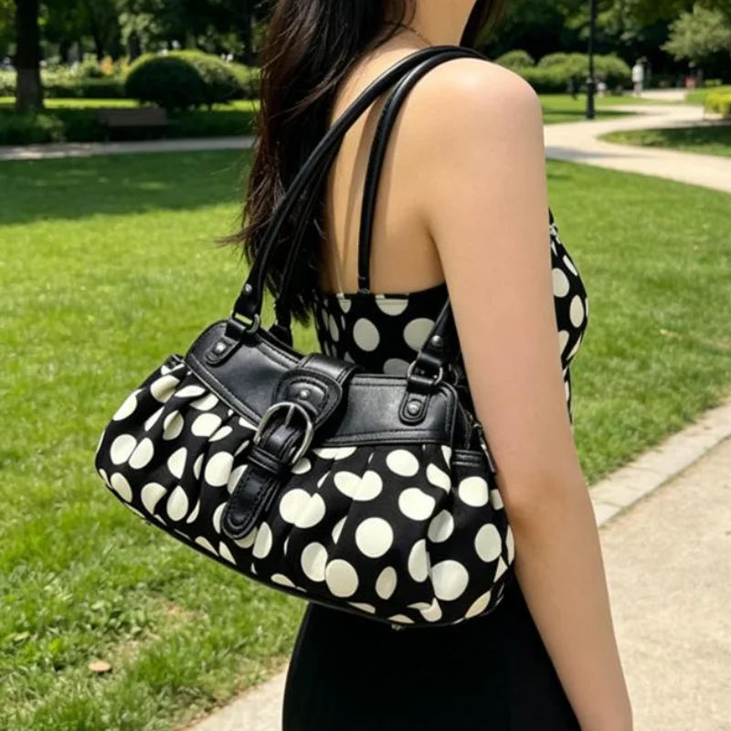 Retro Polka Dot Underarm Bag For Women With Belt Buckle Patchwork Rivet Design Everyday Vintage Charm