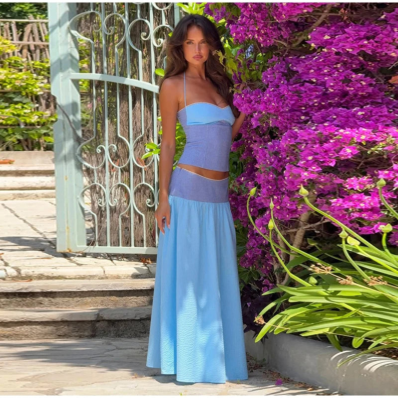 Hanging-Neck Top And A-Line Skirt Set Sleeveless Backless Bandage Style