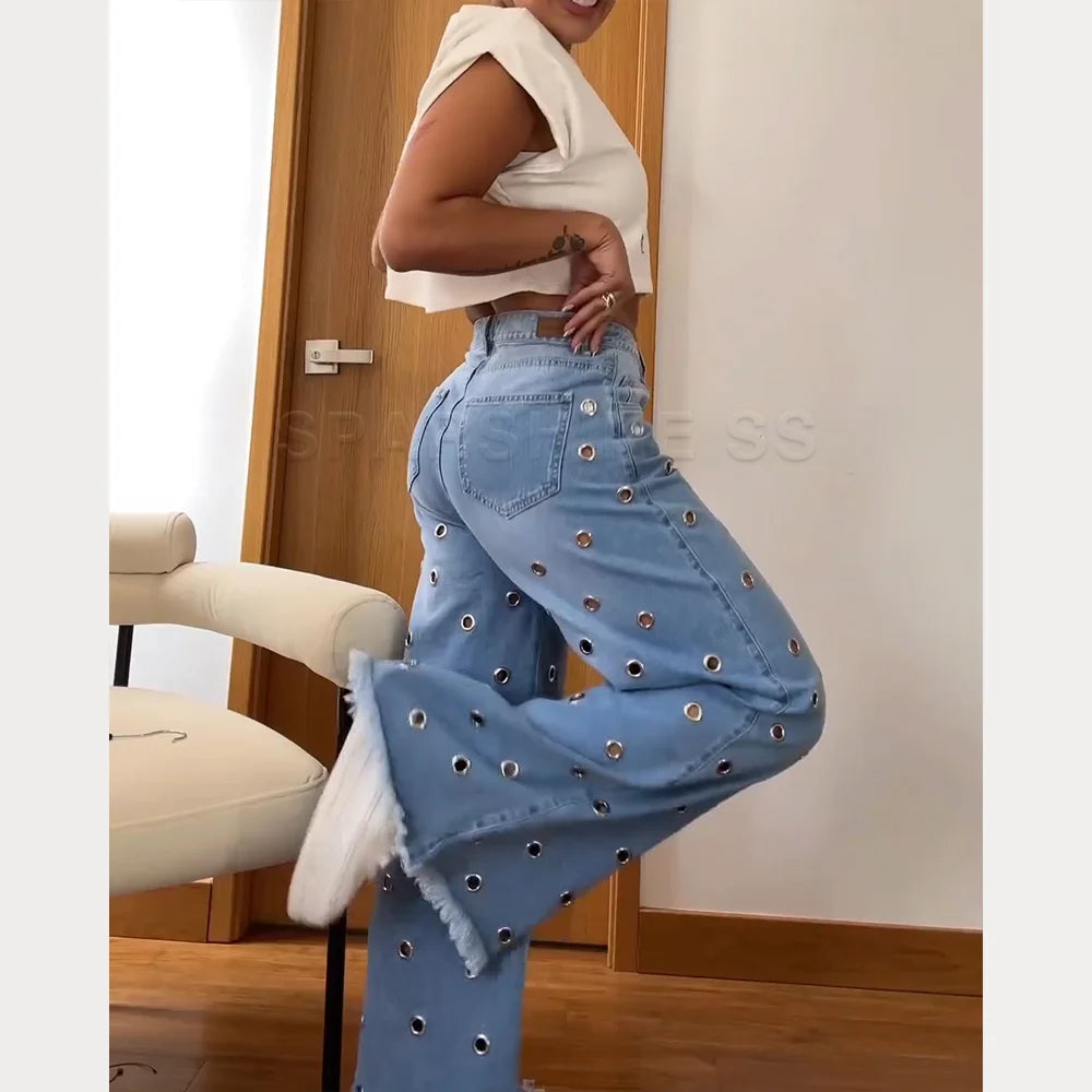 Vintage Vibe Women Retro Flared Jeans Wide Leg Loose Fit