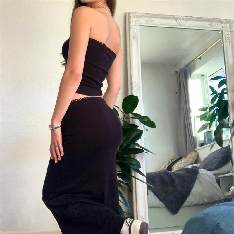 Vintage Vibe Skirt Set Spaghetti Strap Crop Cami Top With Long Pencil Skirt