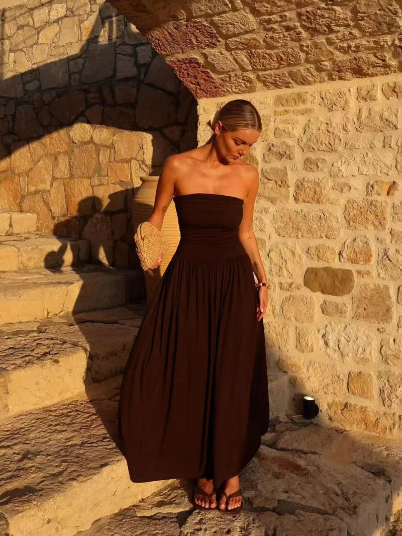 Elegant Strapless Off Shoulder Pleated Maxi Dress With Slim Silhouette