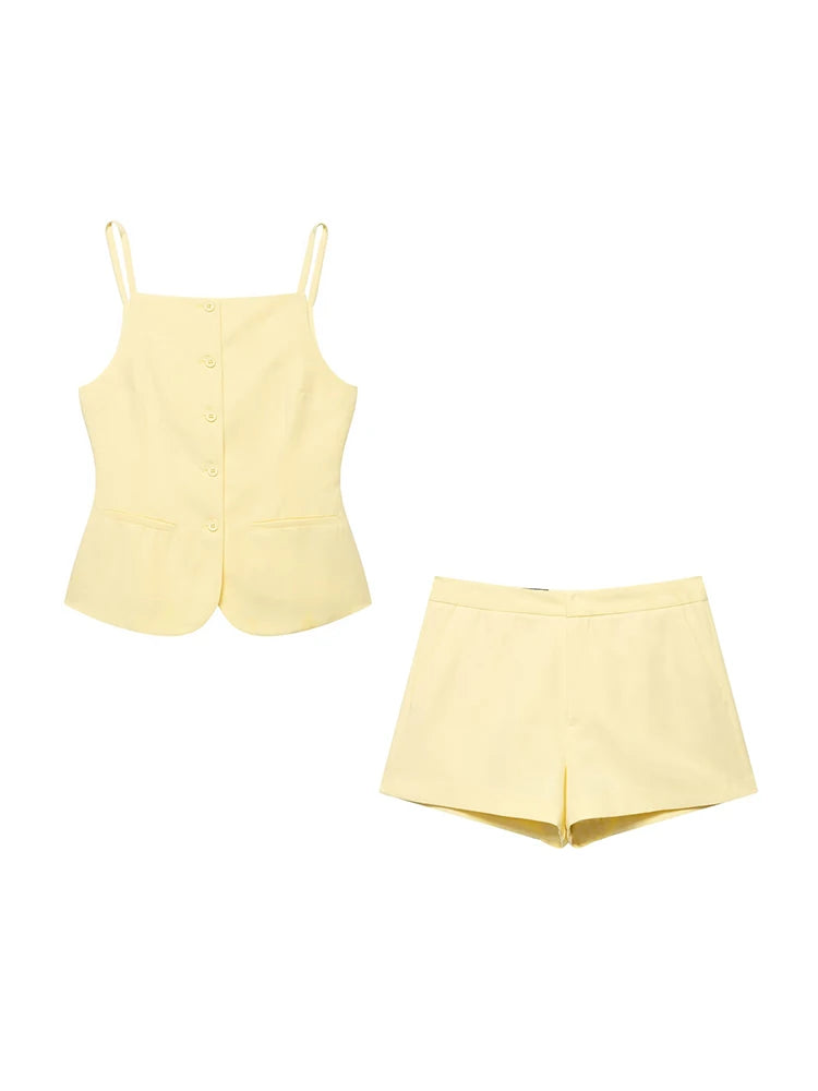 Buttoned Waistcoat Two Piece Shorts Set With Mid-Waist Pockets