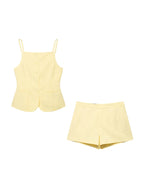 Buttoned Waistcoat Two Piece Shorts Set With Mid-Waist Pockets