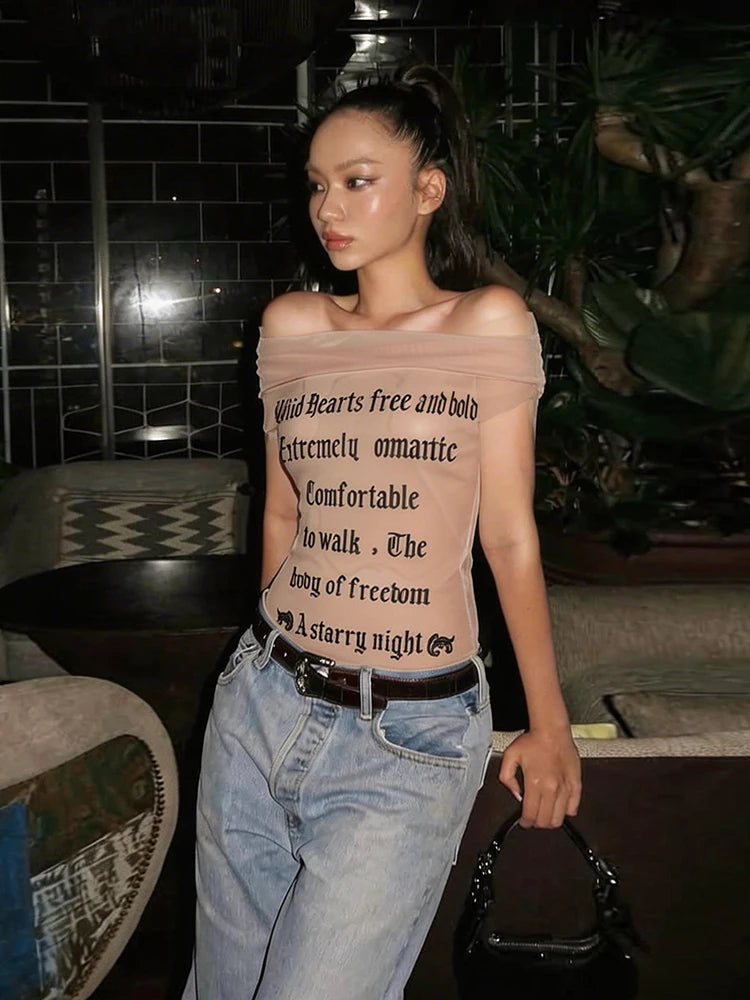 Midnight Letter Print Mesh Patchwork Top With Backless Design For Women Streetwear Mood