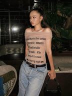 Midnight Letter Print Mesh Patchwork Top With Backless Design For Women Streetwear Mood
