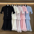 Lace Patchwork Dress With Ruffle Layers And Short Sleeves