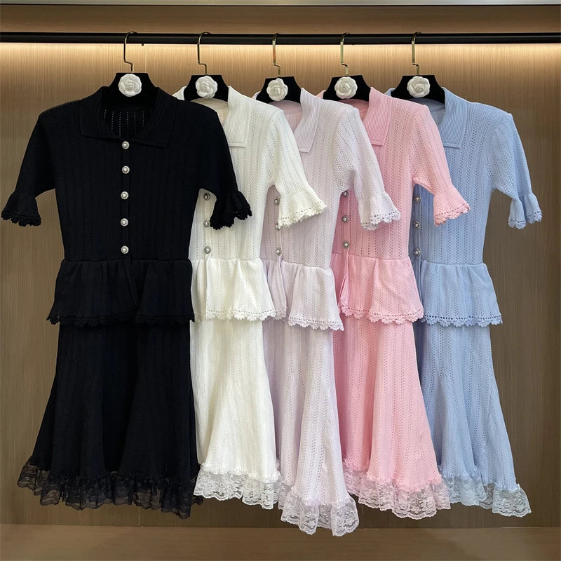Lace Patchwork Dress With Ruffle Layers And Short Sleeves