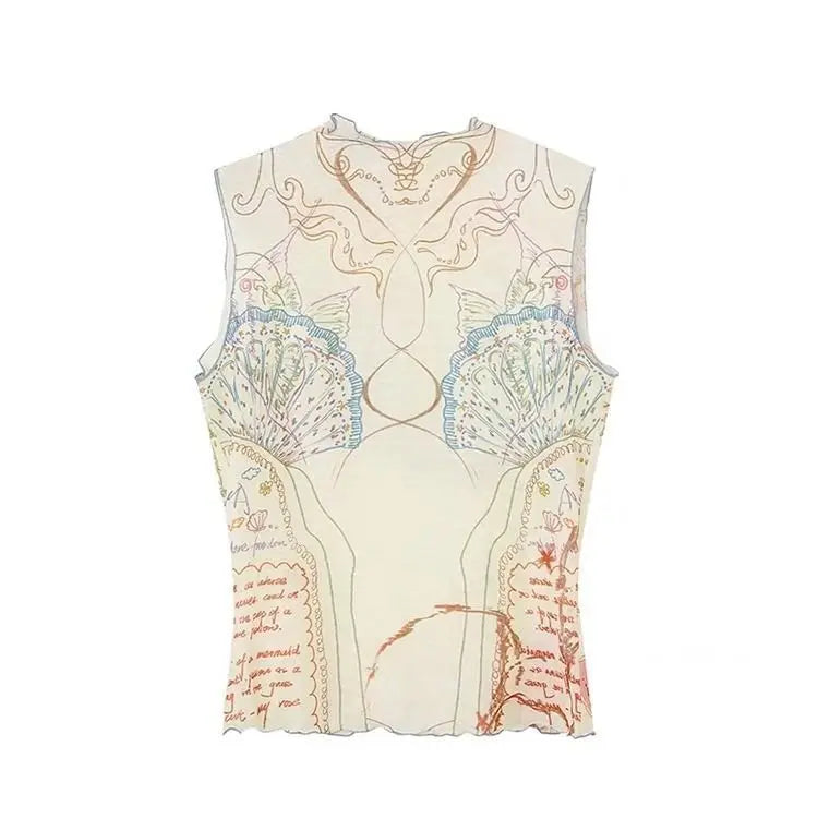 Mesh Print Tank Top With High Collar Slim Fit Cropped